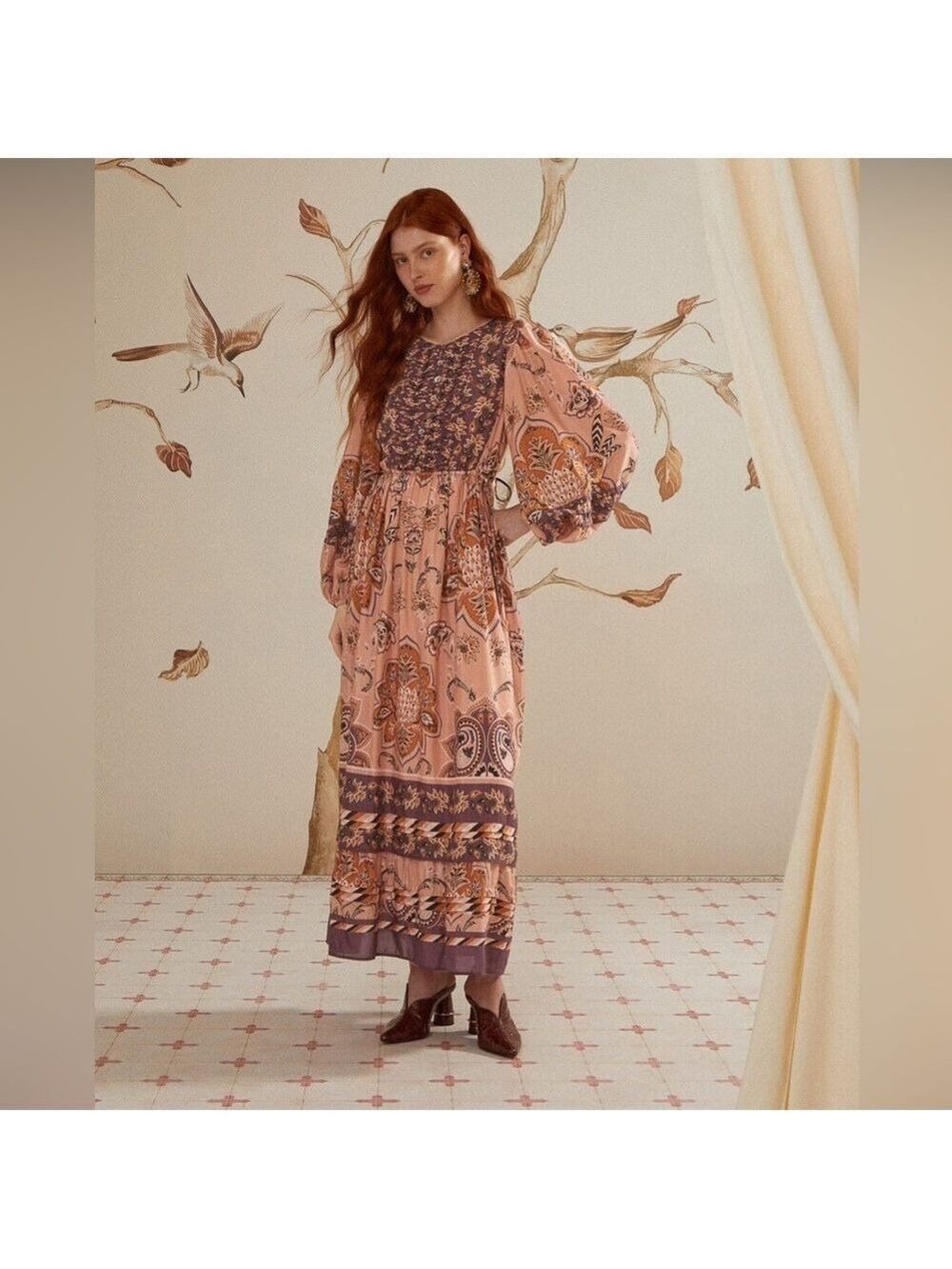 Farm Rio Glam Tapestry Burgundy Long Sleeve Maxi Dress